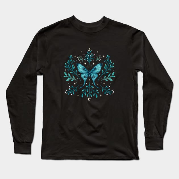 Mystical Luna Moth - Turquoise Long Sleeve T-Shirt by Episodic Drawing